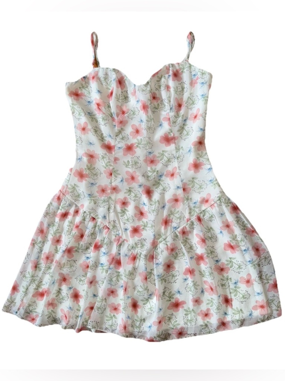 Women Sz S Fit And Flare White Floral Chiffon Short Dress Spagetti Strap Layered